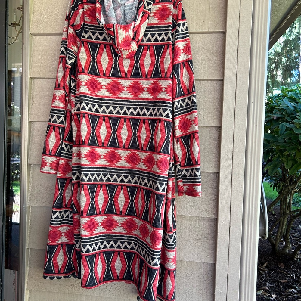 Ember tribal hooded cover up, full length red tone USA Made